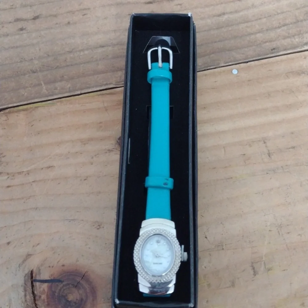 Avon Teal Leather Oval Dial Watch with Diamond Accent New in Box
